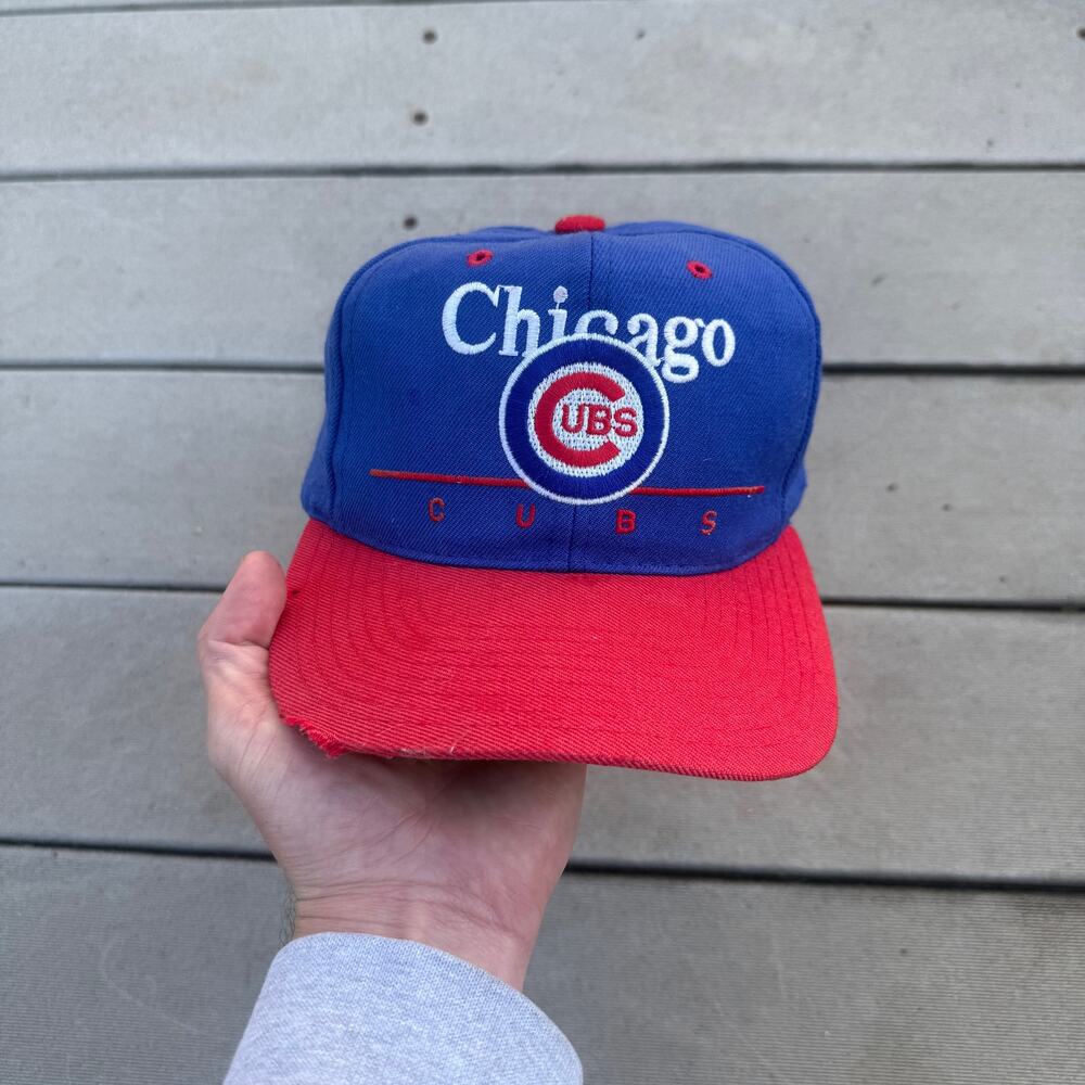 Vintage 90's MLB Baseball Chicago Cubs Blue Red Distressed Snapback Hat Cap VTG